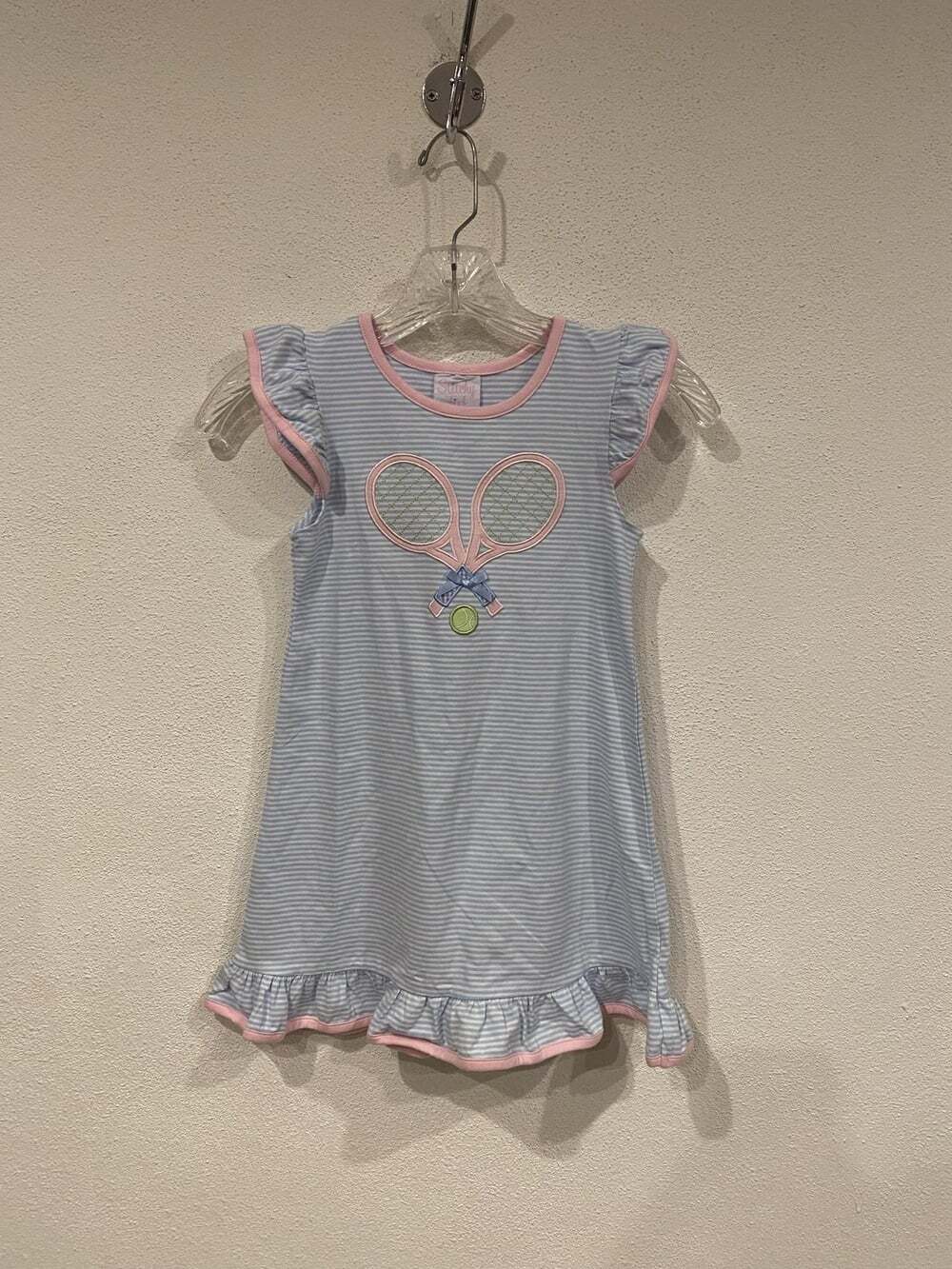 Stitchy Fish Dress Girls 5 Blue Stripe Tennis Racket Flutter Sleeve Ruffle Hem